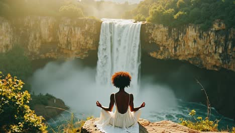 woman meditating by a waterfall