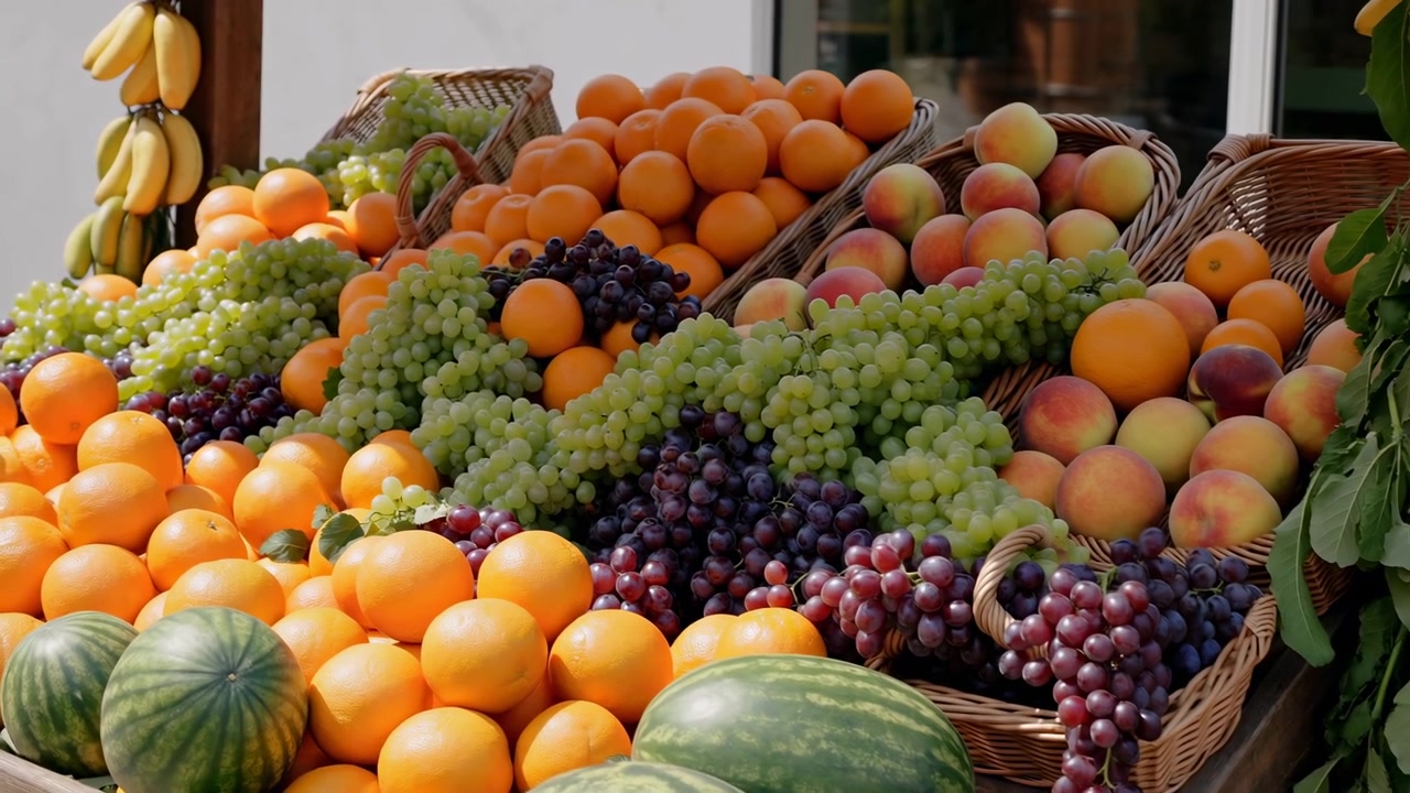 Bancarella colorata di frutta all'aperto con arance, uva e angurie impilate, contadino che sistema frutta fresca di stagione.