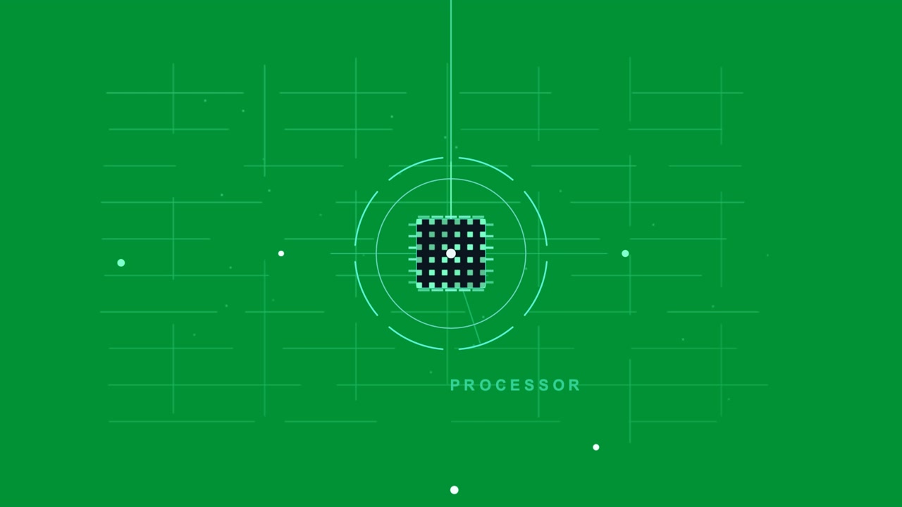 Chip booting, top beam descending and linking, rings pulsing, spokes for network on transparent HUD