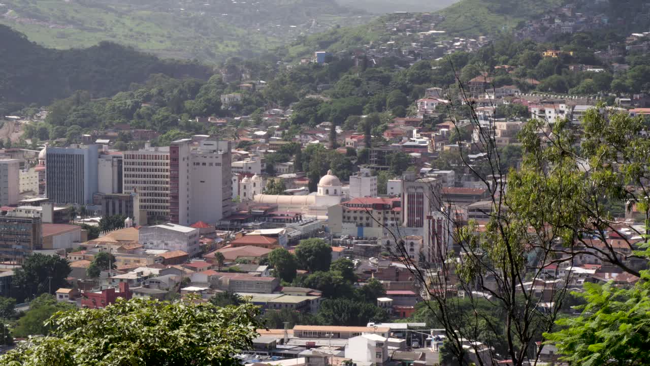 View of the Tegucigalpa Cathedral in the city center, surrounded by old historic buildings. Honduras.