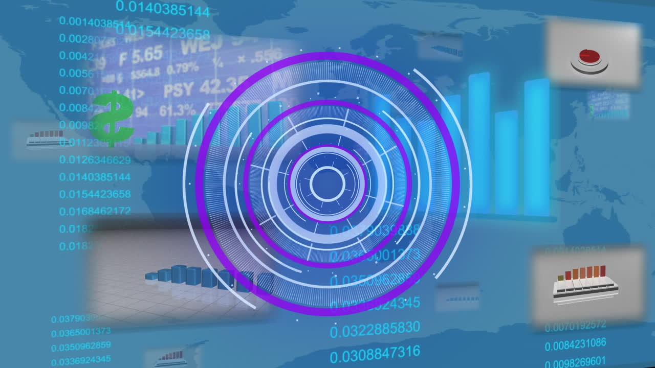 animación del escaneo del alcance sobre el procesamiento de datos y el mapa del mundo sobre fondo azul