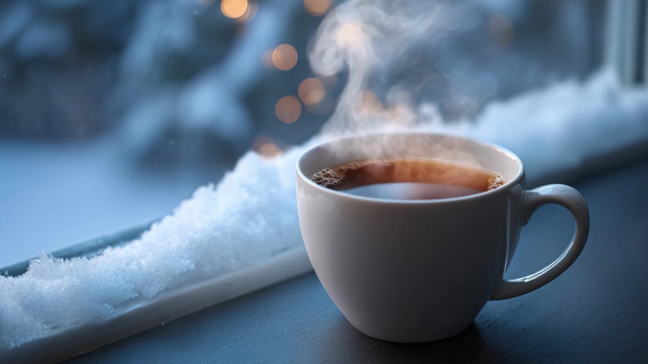 Una acogedora taza de bebida caliente humeante junto a la ventana con un paisaje nevado y luces brillantes de fondo, perfecta para el confort y la relajación invernal