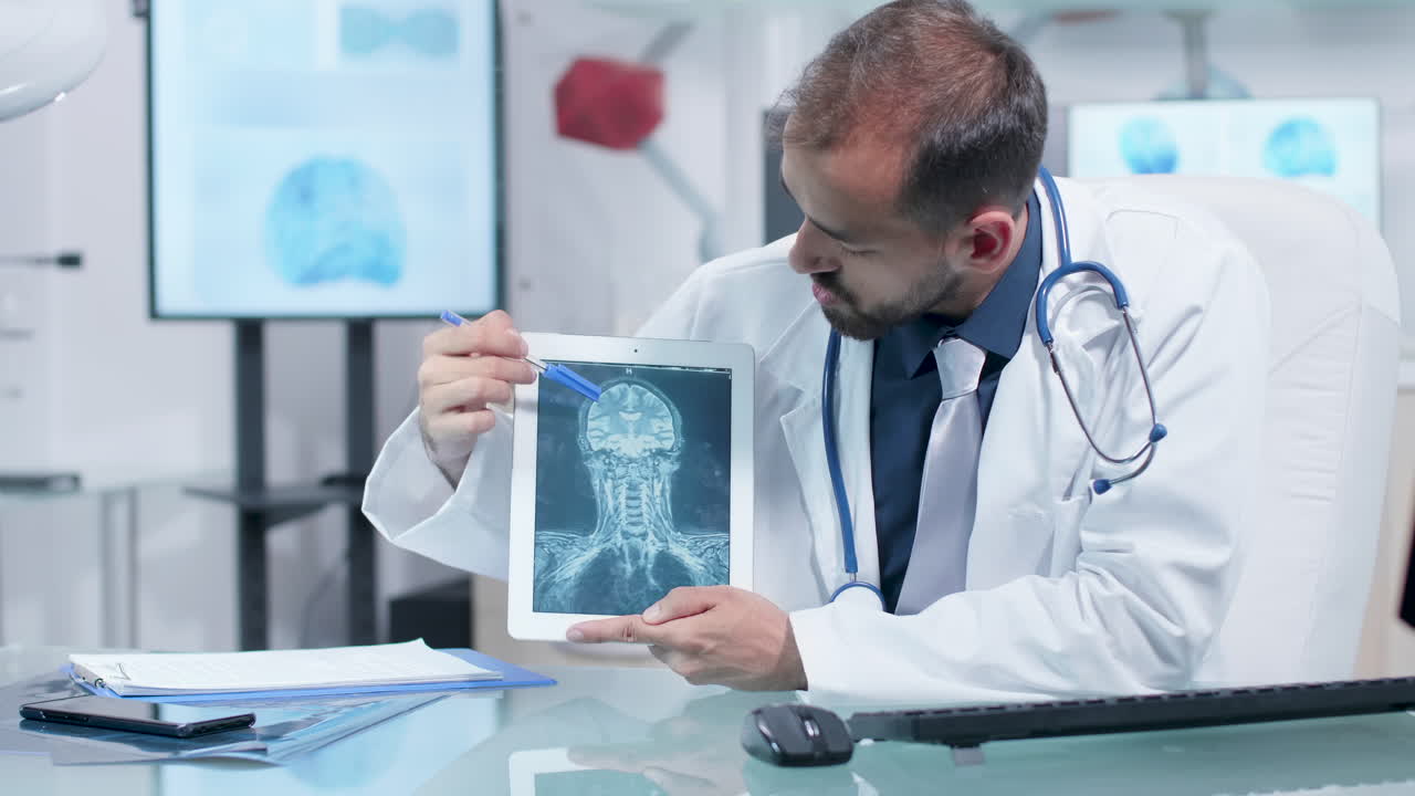 Doctor reviewing brain scan on tablet
