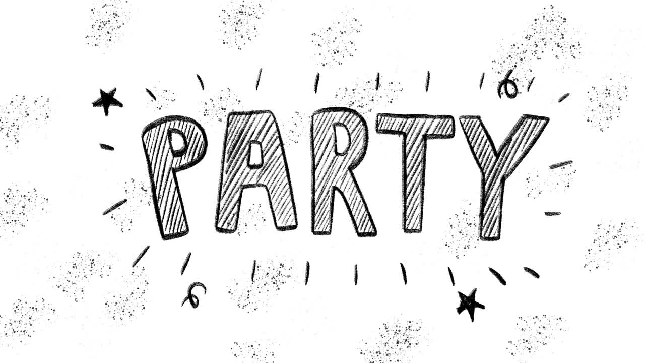 Håndtegnet animation af ordet PARTY på grunge-baggrund.