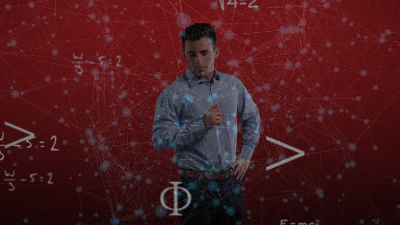 animación de la red de conexiones con ecuaciones sobre empresario caucásico