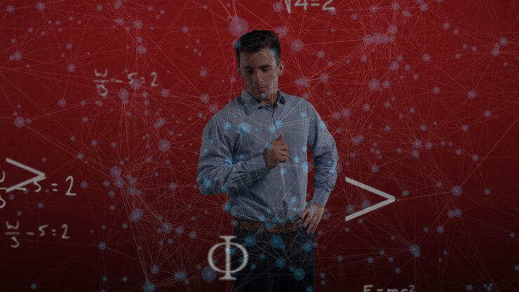 Animation of network of connections with equations over caucasian businessman