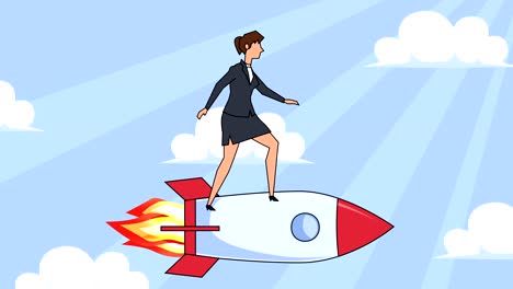 flat cartoon businesswoman character fly on rocket startup concept animation