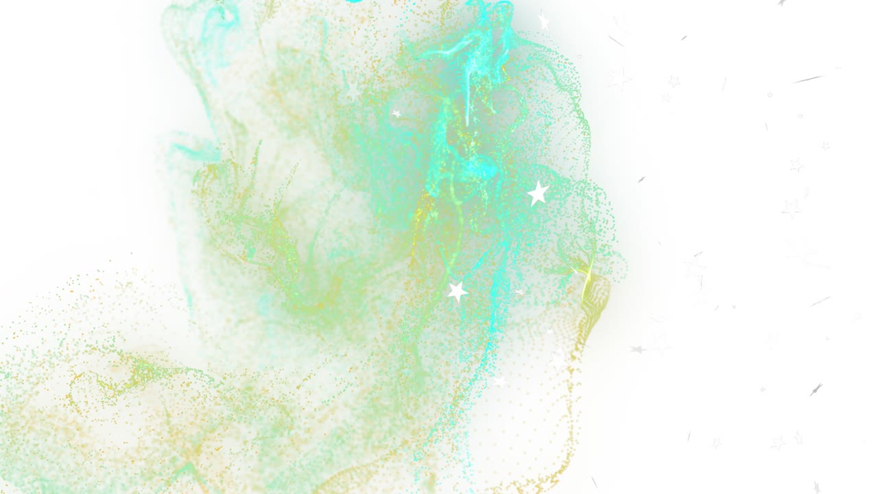 Pastel green, turquoise, gold particles emerging from white backdrop cascading into stars diffusing