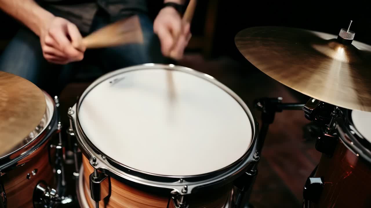 Video ravvicinato di un batterista che suona un rullante. Ripresa da un angolo alto, che mette in mostra le dinamiche