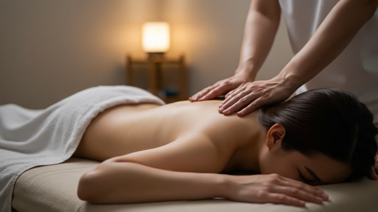 Relaxing Therapeutic Massage Session Focusing on Back Relief and Stress Reduction in a Calm Spa Environment with Soft Lighting