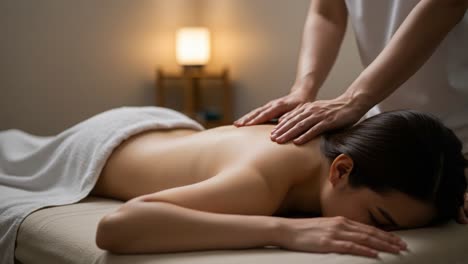 relaxing therapeutic massage session focusing on back relief and stress reduction in a calm spa environment with soft lighting
