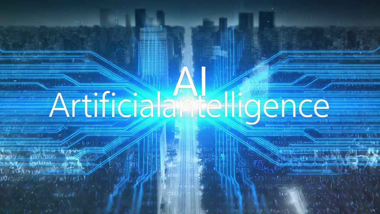 Fading AI and Artificial intelligence text sparking glow over dusk skyline, expanding neon circuits