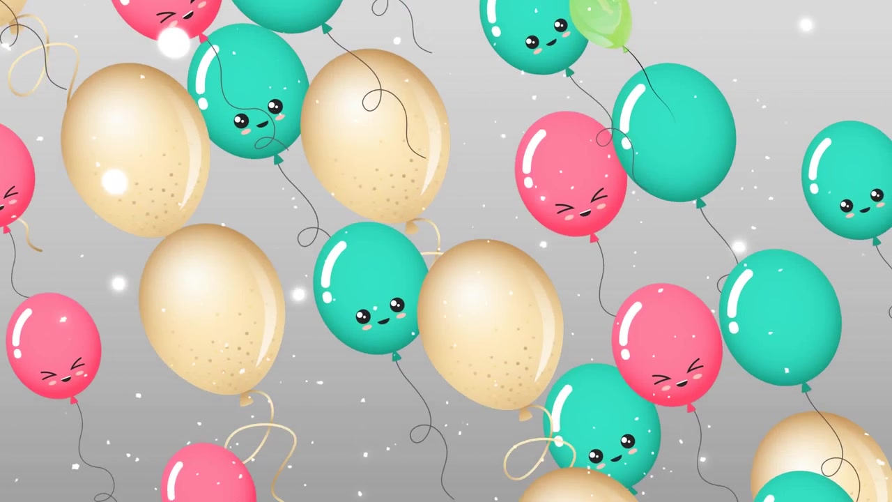 Animazione di palloncini che volano su neve che cade su sfondo grigio.