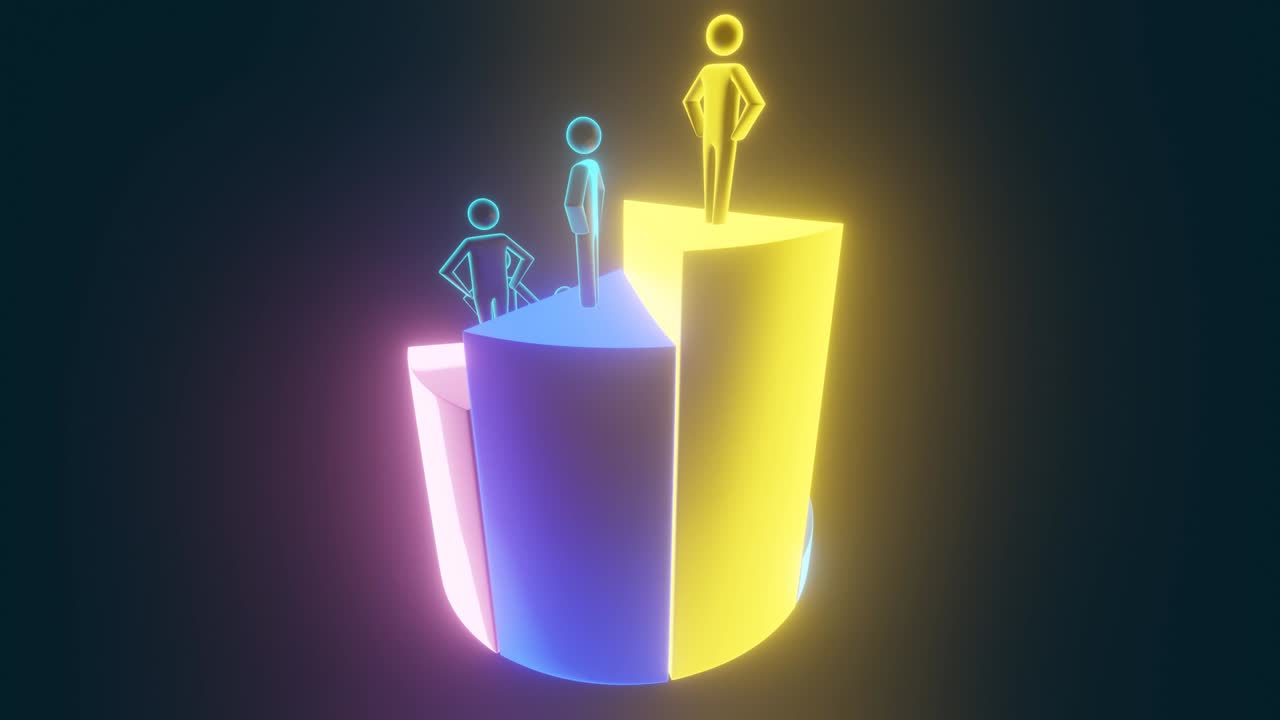 figuras humanas en 3d en un gráfico circular multicolor sobre el escritorio. renderización en 3d