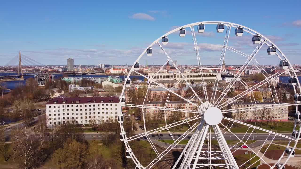 Huge ferris wheel in Riga skyline, aerial view