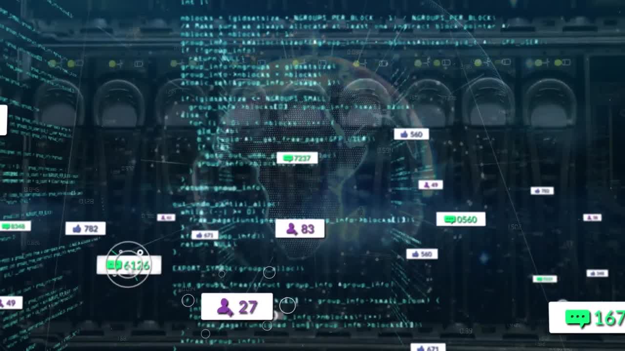 Animation of media icons and data processing over globe and server room