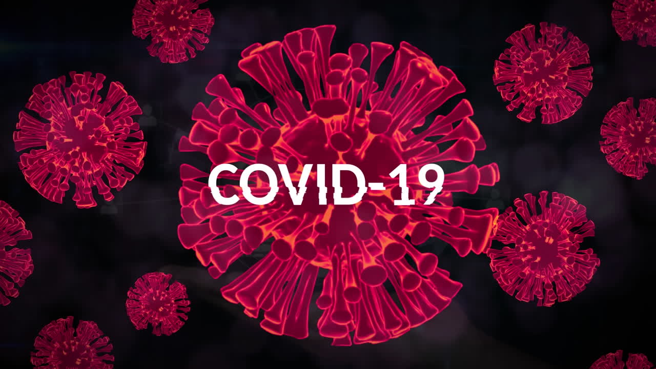 animación de las células del virus corona sobre el texto de covid-19
