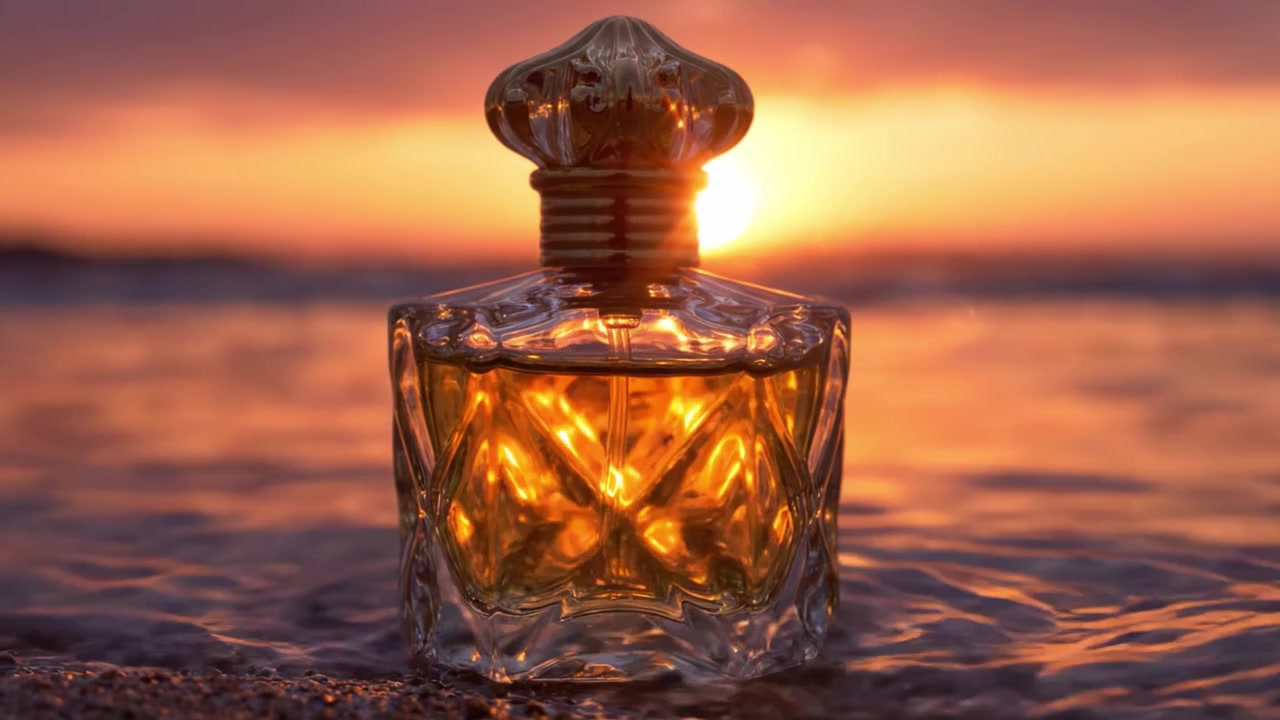 Un'Accattivante Bottiglia di Profumo Splende al Tramonto, Circondata da Acqua Scintillante, Creando un'Atmosfera Magica e Serena