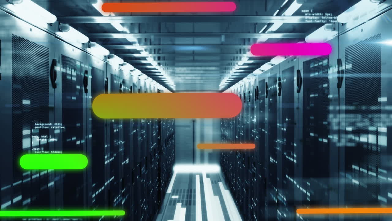 Animation of colorful light trails against data processing over computer server room