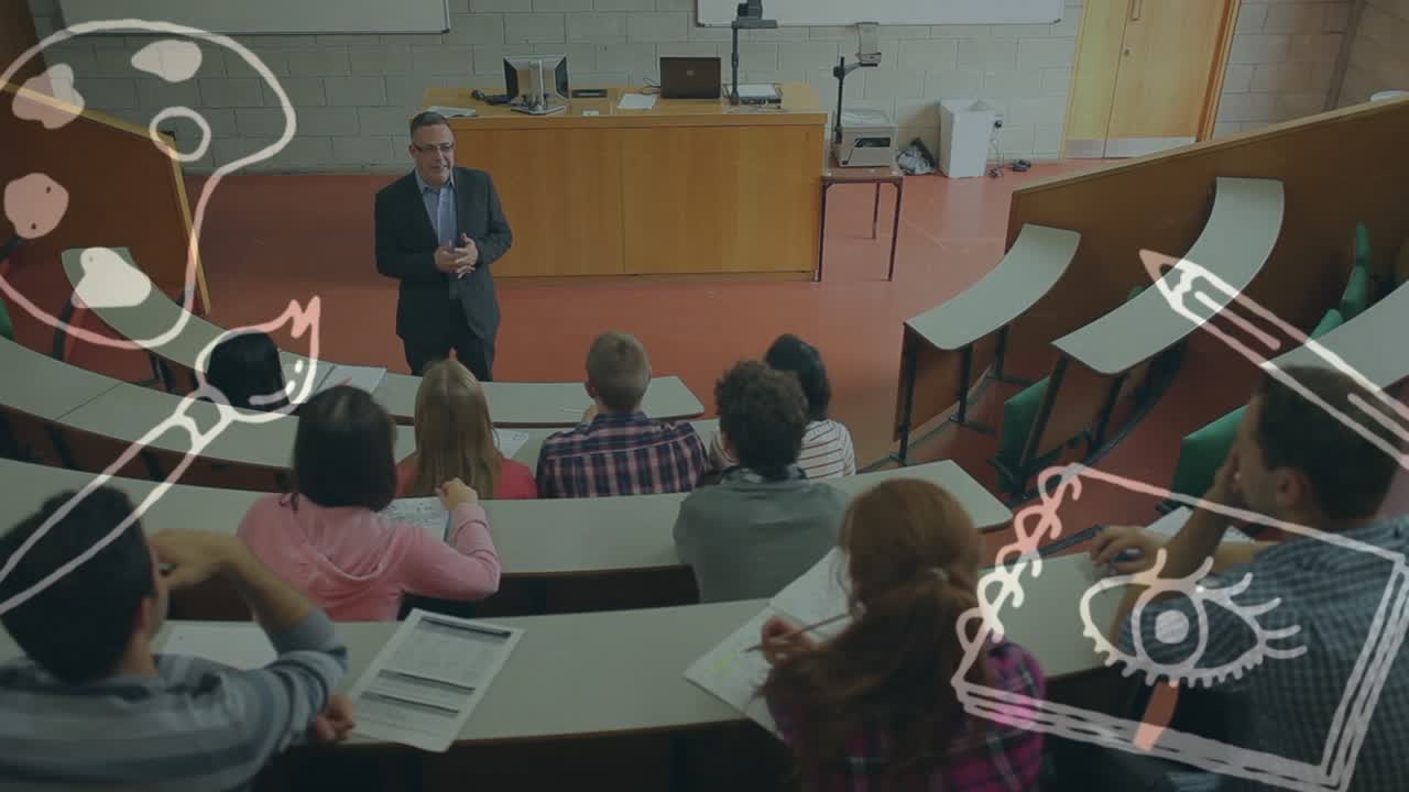 Animering av ikoner med skolföremål över en kaukasisk manlig lärare med pratande studenter av olika bakgrund
