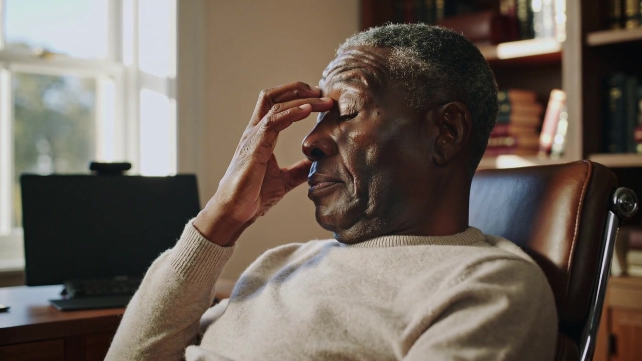 Sun streaming man in sweater rubbing eyes pinching nose easing strain in study laptop leather chair