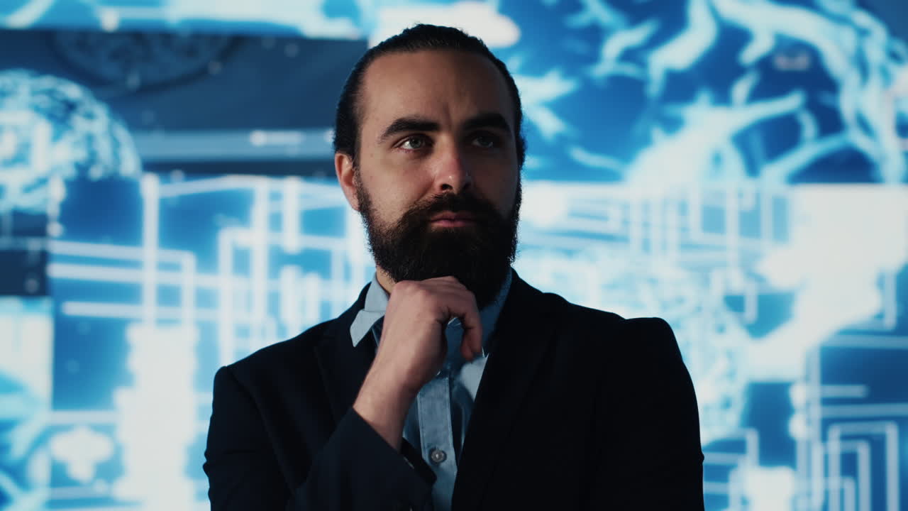 IT specialist interacting with digital AI neural networks for deep learning