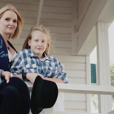 mother and daughter stand on the porch of a wooden house holding hats in their hands