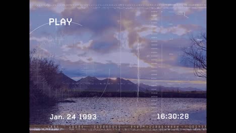 Animation of screen with digital interface and data processing over landscape
