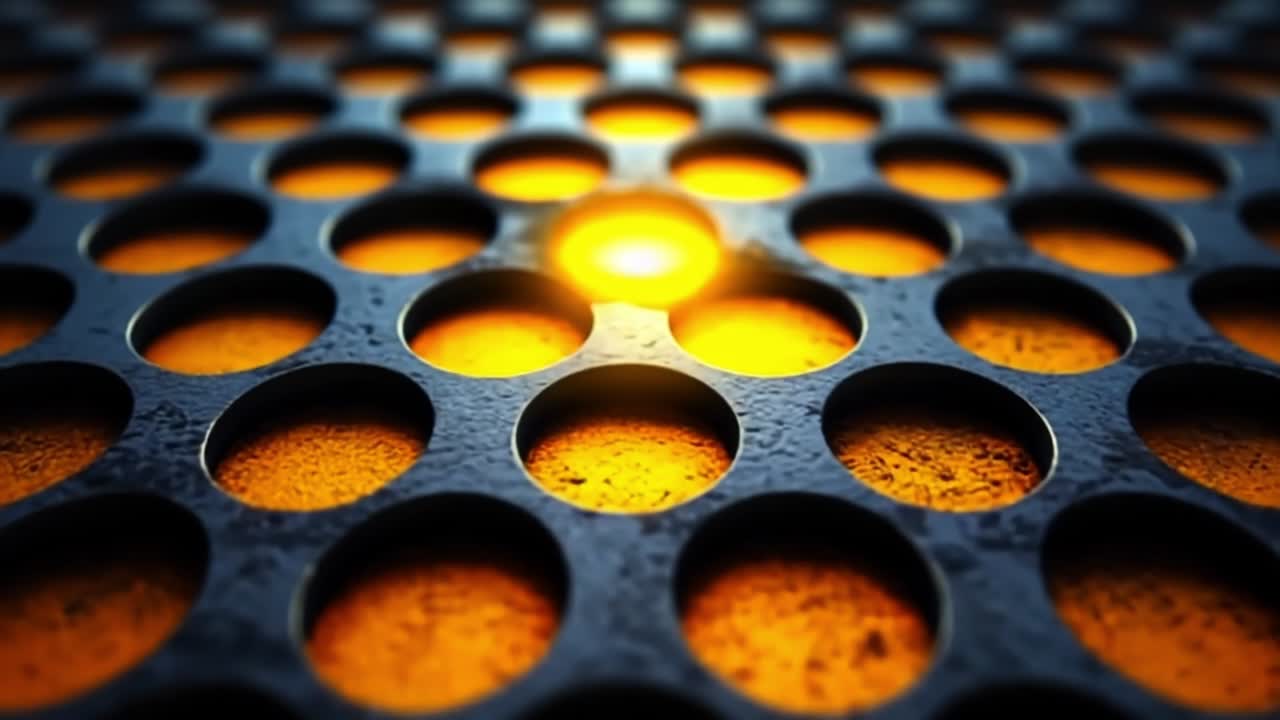 Metal with circular patterns. Close-up of a textured metal surface with circular holes, bathed in warm light for a striking effect.