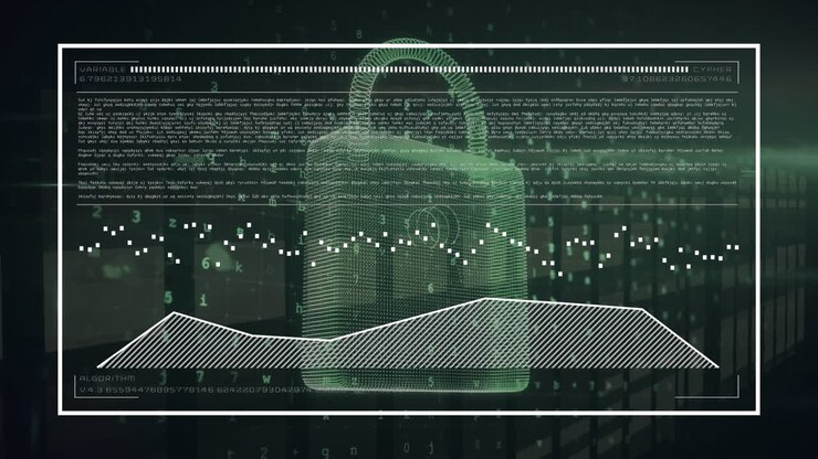 Animation of interface with data processing over security padlock icon and green light spot