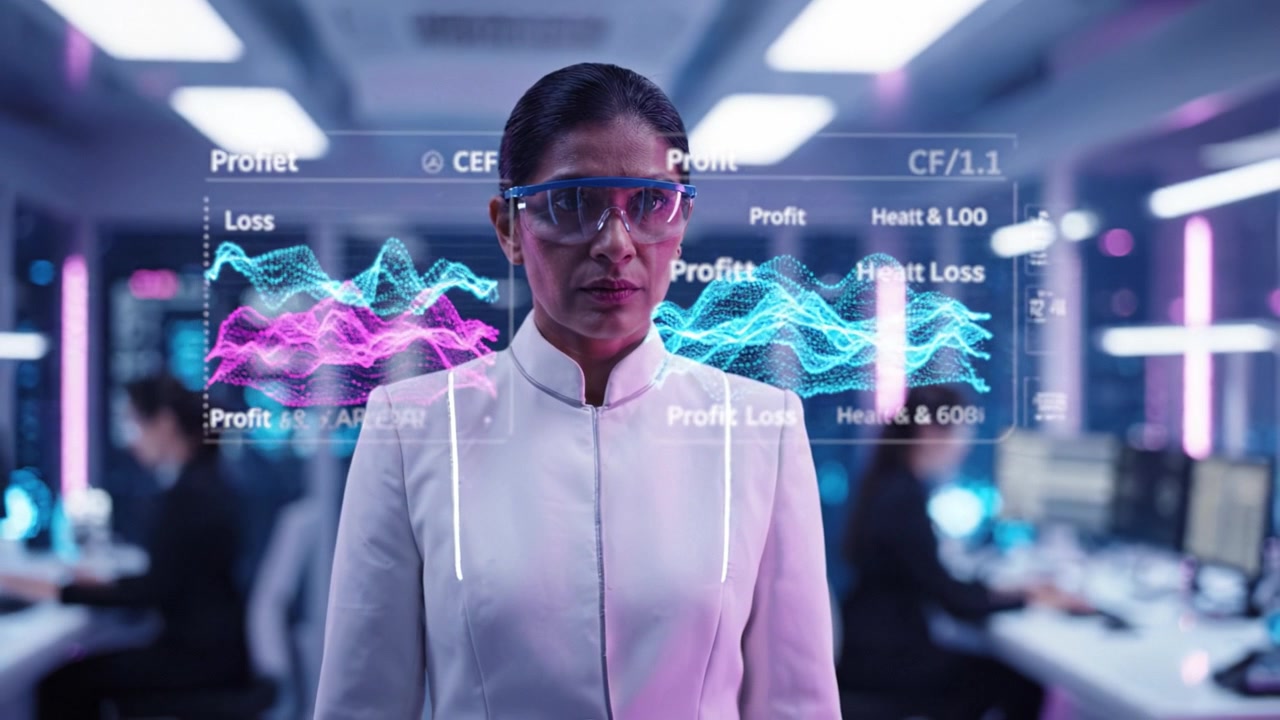 A confident woman in futuristic attire stands in a high-tech control room, analyzing data with a digital interface, surrounded by a team in the background.