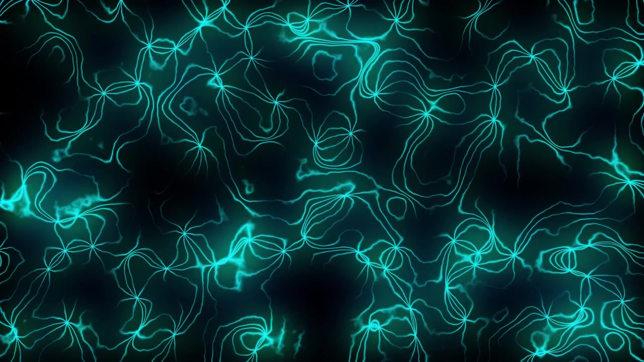 Rede neural elétrica ciano fluindo sobre fundo preto em loop contínuo