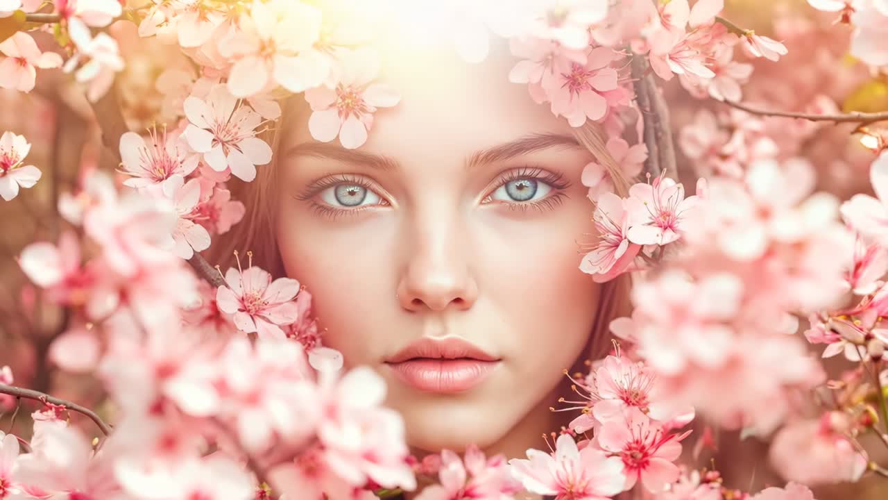 Una donna con gli occhi blu circondata da fiori rosa