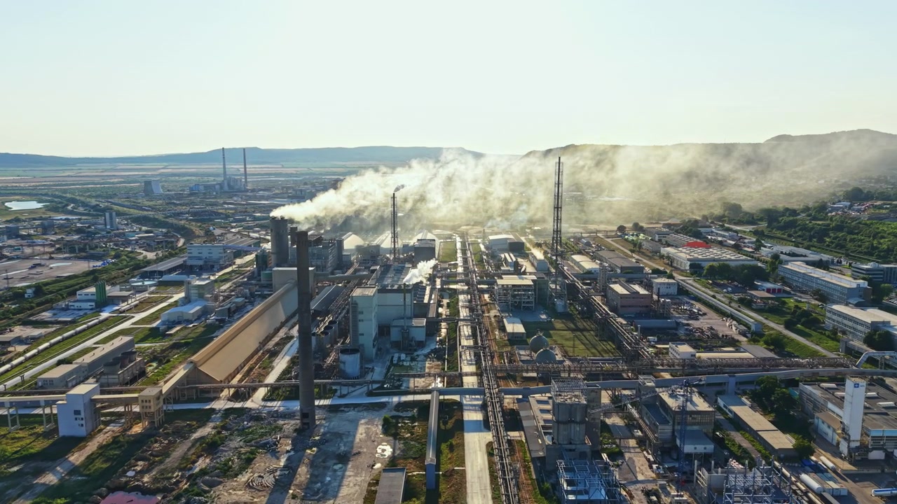 Industrial area with smoke rising into the sky shows factories and machinery working during the day