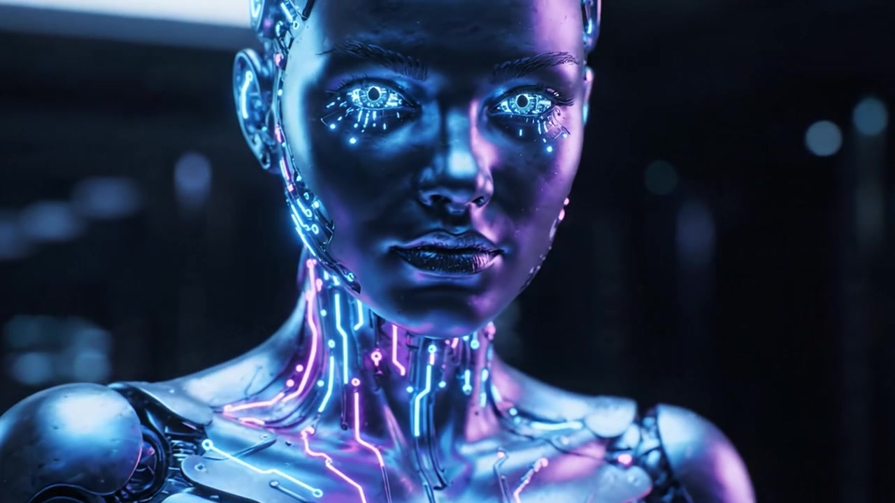 Figura robotica futuristica con circuiti illuminati: un design intricato che mostra l'intelligenza artificiale e i progressi tecnologici nella robotica