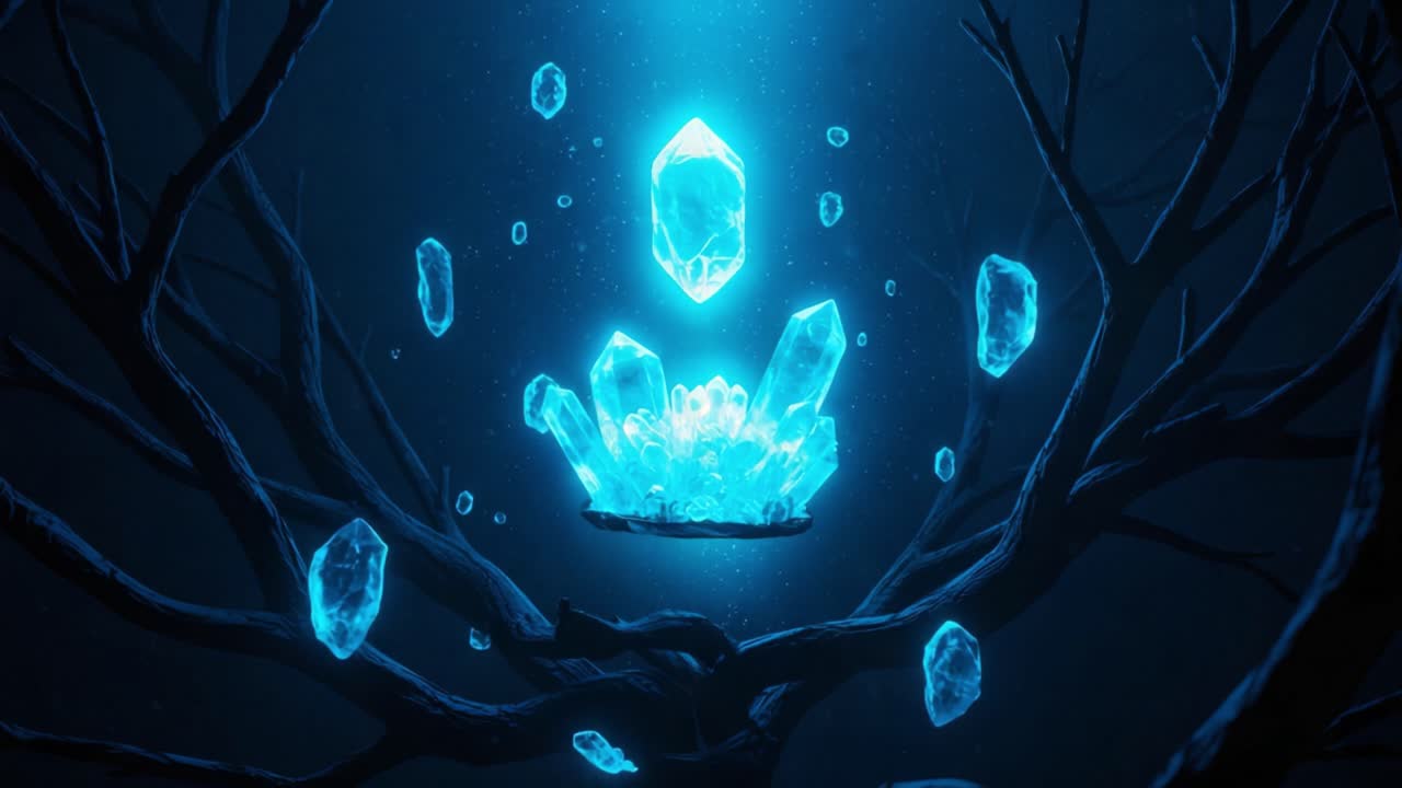 A mesmerizing display of glowing blue crystals suspended in a dark, mystical forest, showcasing their ethereal beauty among the twisted branches, creating a captivating fantasy atmosphere