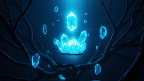 a mesmerizing display of glowing blue crystals suspended in a dark, mystical forest, showcasing their ethereal beauty among the twisted branches, creating a captivating fantasy atmosphere