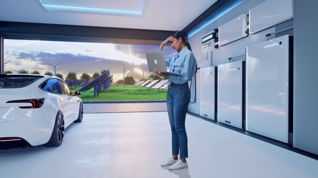 Full Body Side View Of Asian Female With Her Laptop With Home Energy Storage System In a Modern Garage, Typing And Dissapionted With Nodding Her Shead