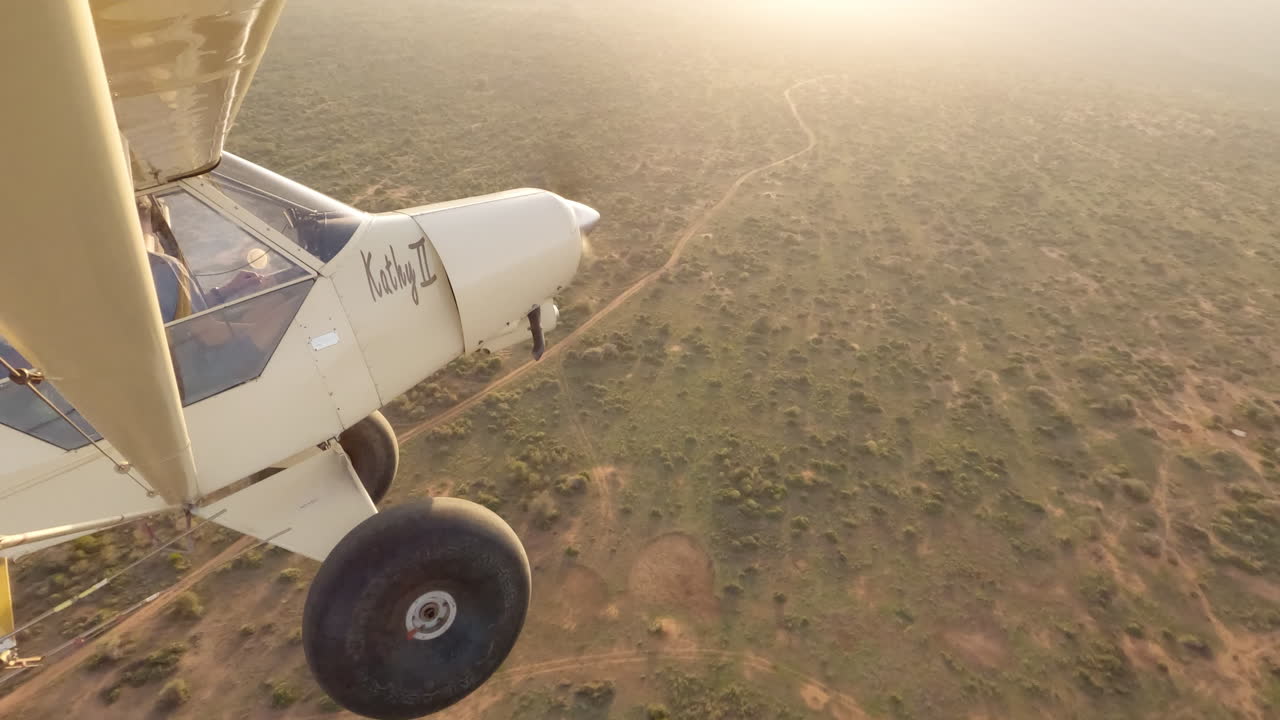 Aereo leggero sopra la savana che vira verso il tramonto