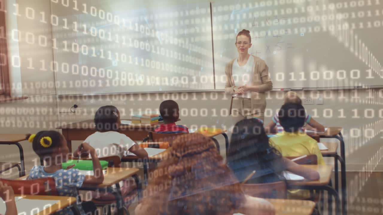 Animation of looping binary code, qr code over multiracial teacher teaching students in classroom