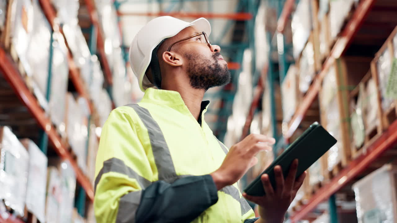 Man in warehouse checking inventory with tablet