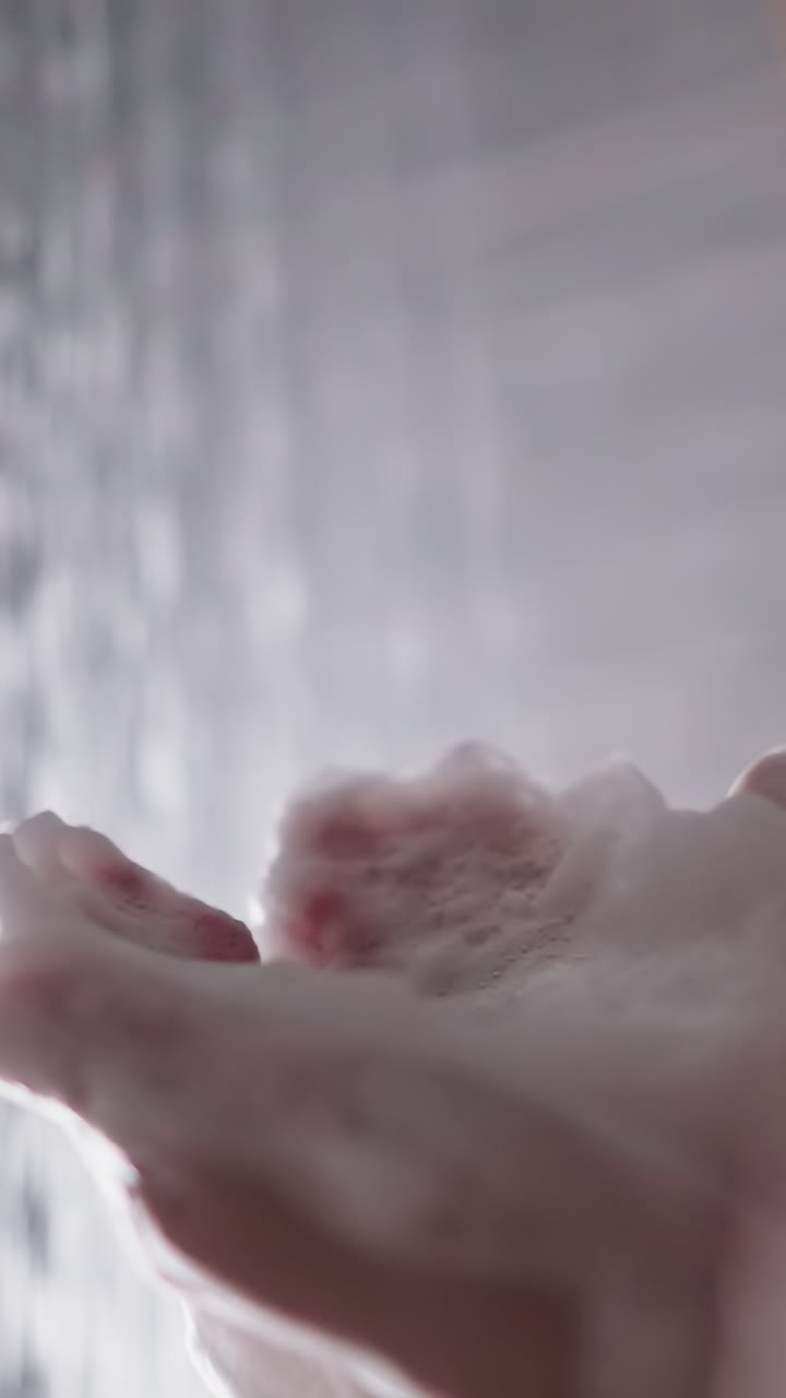 Woman with foam on palms in shower unit closeup. Relaxed lady blows soft soap froth enjoying warm bathe in wash room. Funny hygienic procedures