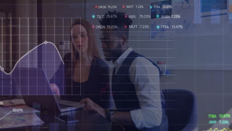 financial data processing animation over business professionals working on laptops