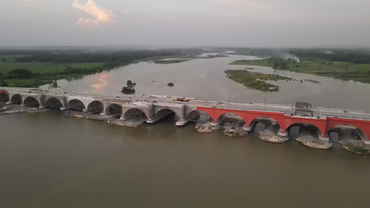 Aerial view of Pandansimo Bridge in Yogyakarta, the southern Java cross bridge is under construction. Adjacent to Baru Beach.
