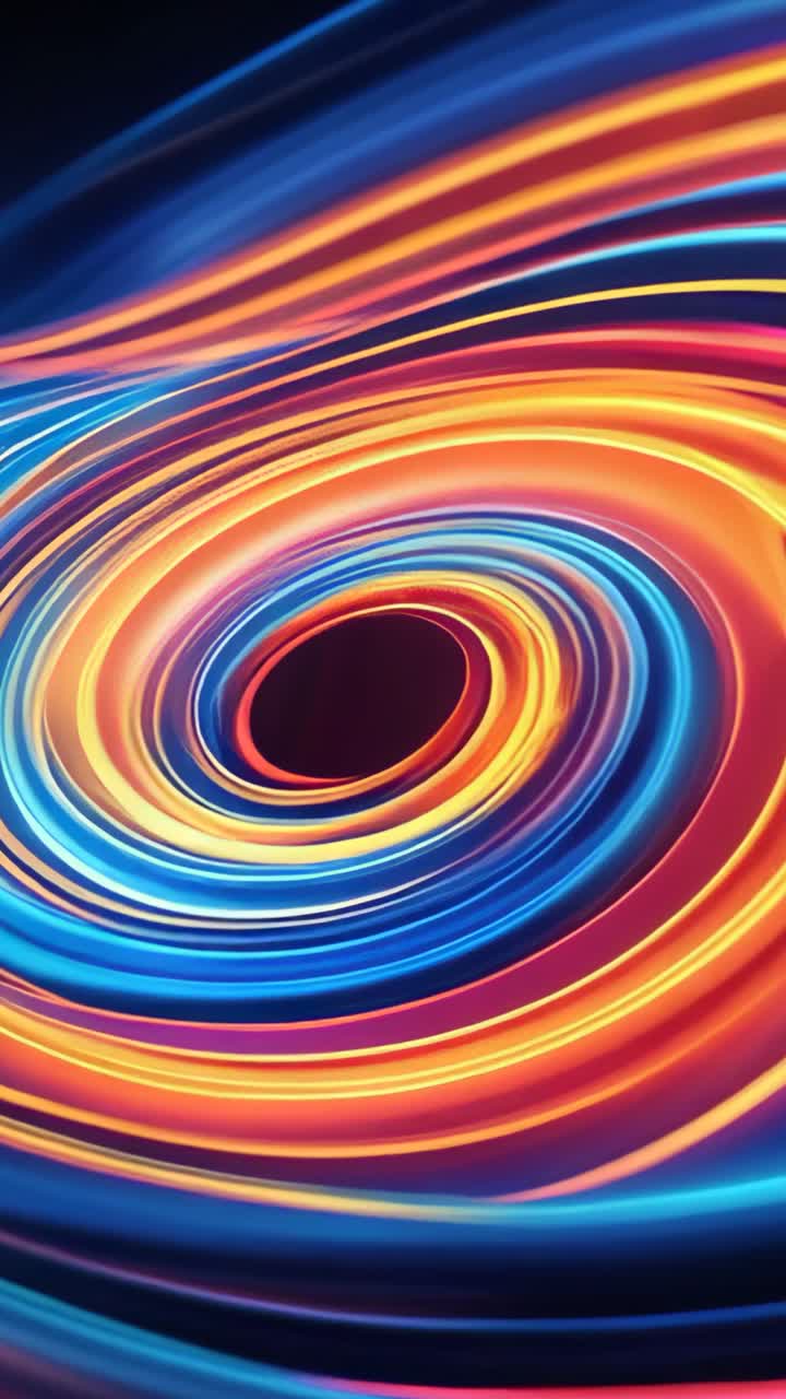 Vertical video: Emerging neon ribbons spiraling pulsing around dark core on canvas, forming vortex