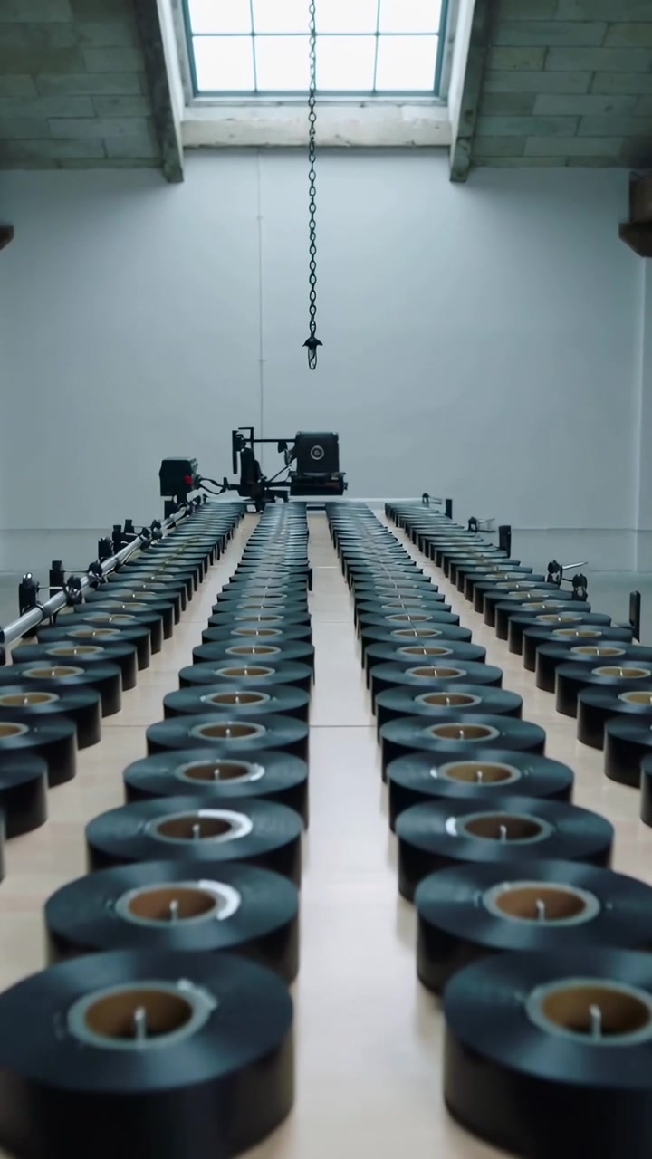 Vertical video: Moving camera racking focus forward in shop, showing black tape rolls for detail