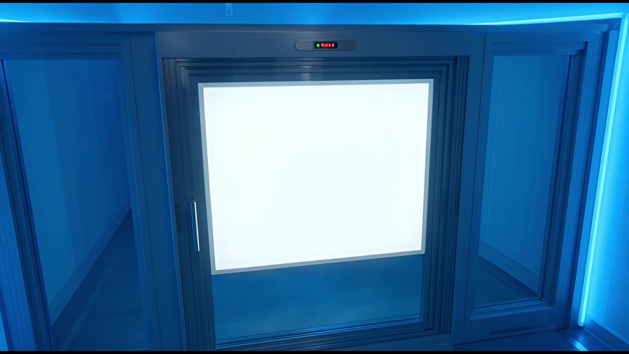 Modern Elevator Door with Blue LED Lights Closing