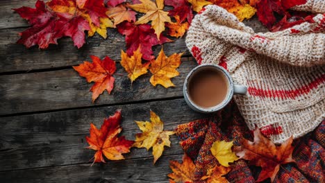 gemütliche herbstszene mit bunten blättern und warmem getränk