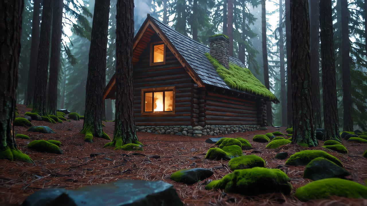 Cozy Log Cabin in a Misty Forest
