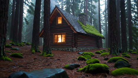 Cozy Log Cabin in a Misty Forest